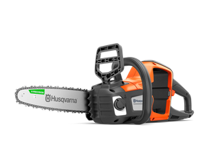 Front-side studio view of a Husqvarna chainsaw showing the guide bar and chain.