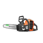 Front-side studio view of a Husqvarna chainsaw showing the guide bar and chain.