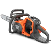 Side view of a Husqvarna chainsaw showcasing its ergonomic handle and battery compartment.