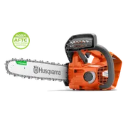 Studio side view of a Husqvarna chainsaw; AGZA AFTC badge at top left.