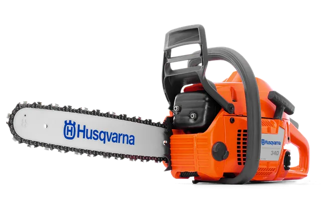 Side view of a Husqvarna chainsaw with visible branding and chain.