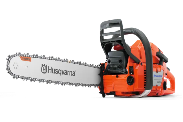 Side view of a Husqvarna chainsaw with X-Torq engine technology.