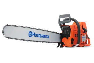 Side view of a Husqvarna chainsaw with visible branding on the blade.