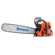 Side view of a Husqvarna chainsaw with visible branding on the blade.