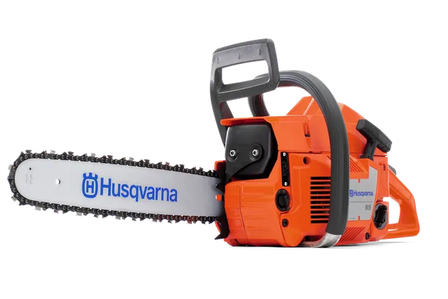 Side view of a Husqvarna chainsaw showcasing its design and features.