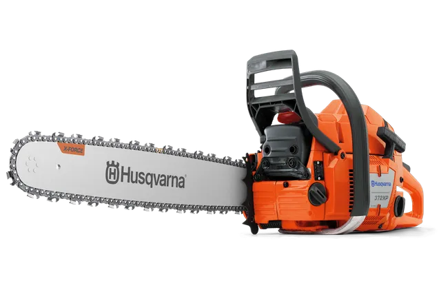 Side view of a Husqvarna chainsaw with X-Force bar and chain.