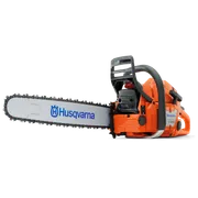 Side view of a Husqvarna chainsaw with a visible chain and brand logo.