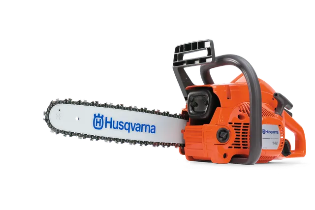 Side view of a Husqvarna chainsaw with visible branding on the blade.
