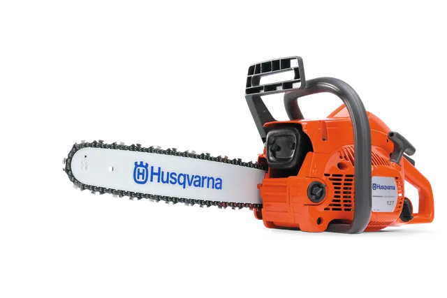 Side view of a Husqvarna chainsaw showcasing its blade and ergonomic handle.