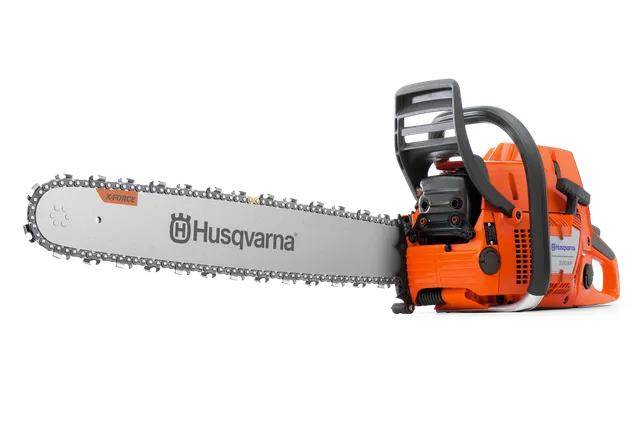 Side view of a Husqvarna chainsaw with X-Force bar and chain.