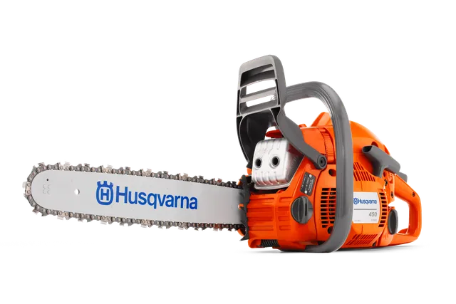 Side view of a Husqvarna chainsaw with visible branding and chain detail.