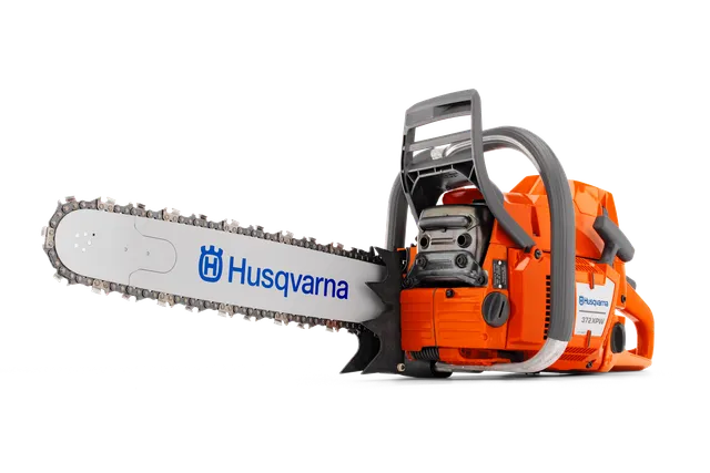 Side view of a Husqvarna chainsaw showcasing its design and features.