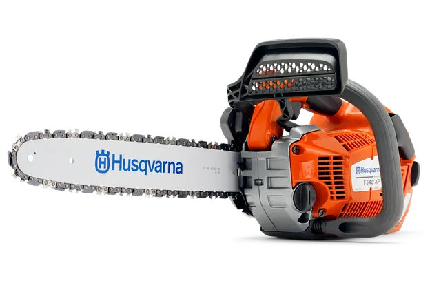 Side view of a Husqvarna chainsaw showcasing its design and features.