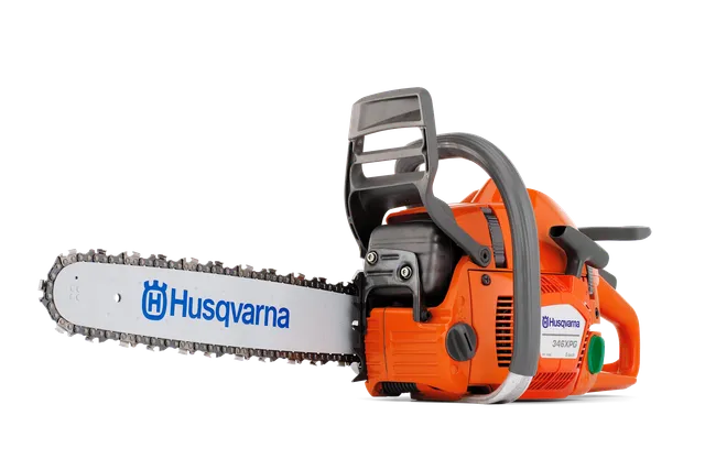 Side view of a Husqvarna chainsaw with visible branding.