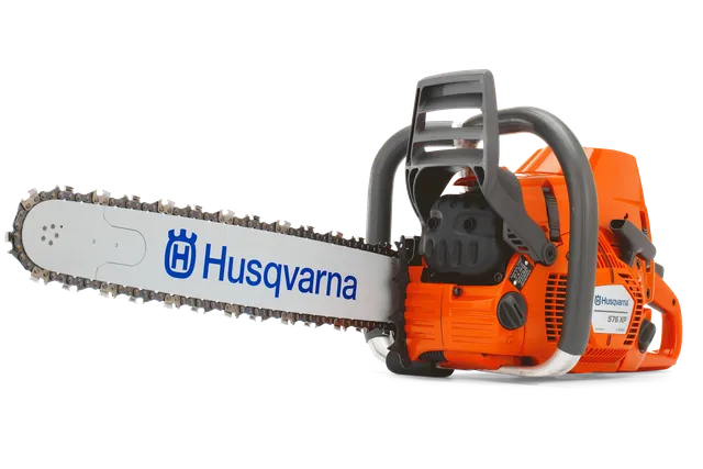 Side view of a Husqvarna chainsaw with visible branding on the blade.