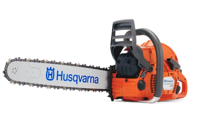 Side view of a Husqvarna chainsaw with visible branding on the blade.