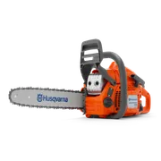Side view of a Husqvarna chainsaw, showcasing its ergonomic handle and cutting chain.