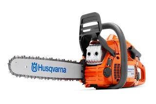 Front view of a Husqvarna chainsaw with visible blade and handle.