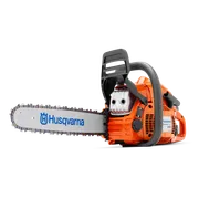 Front view of a Husqvarna chainsaw with visible blade and handle.