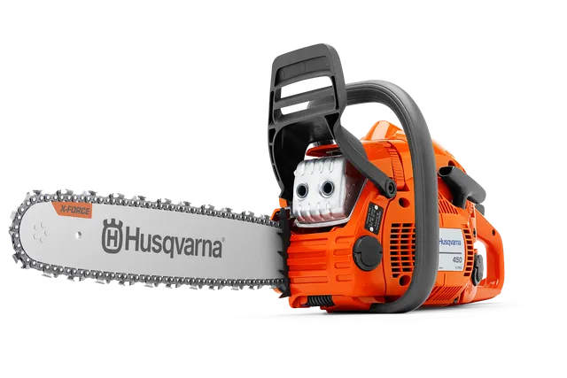 Side view of a Husqvarna chainsaw with X-Force bar.