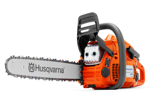 Front view of a Husqvarna chainsaw showcasing its components and assembly.