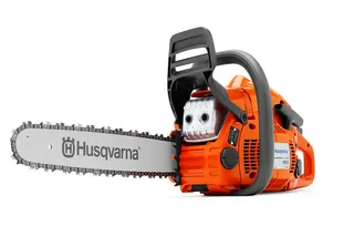 Front view of a Husqvarna chainsaw showcasing its components and assembly.