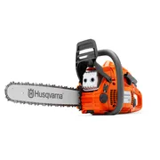 Front view of a Husqvarna chainsaw showcasing its components and assembly.