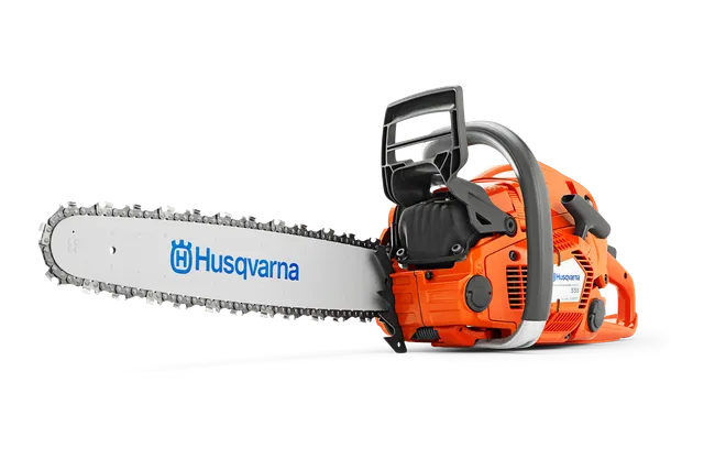 Side view of a Husqvarna chainsaw showcasing its design and components.