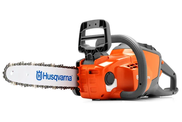 Side view of a Husqvarna chainsaw showcasing its ergonomic handle and blade.