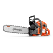 Side view of a Husqvarna chainsaw with visible branding and X-Torq technology.