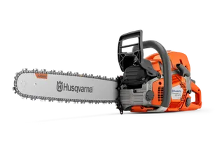 Side view of a Husqvarna chainsaw with visible branding on the blade.