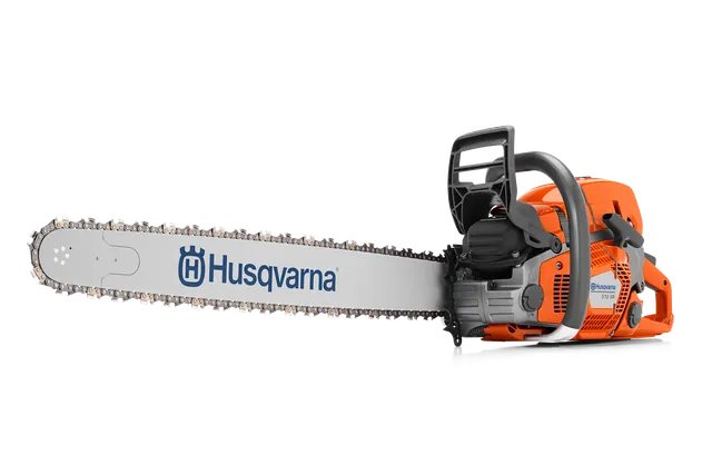 Side view of a Husqvarna chainsaw with visible branding on the blade.