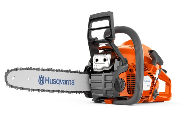Side view of a Husqvarna chainsaw showcasing its blade and ergonomic handle.