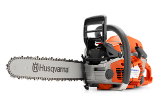 Side view of a Husqvarna chainsaw with X-Force bar and ergonomic handle.