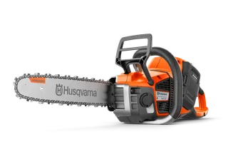 Side view of a Husqvarna chainsaw with visible branding on the blade.