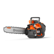 Side view of a Husqvarna chainsaw with ergonomic handle and visible branding.