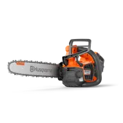 Side view of a Husqvarna chainsaw with ergonomic handle and visible branding.