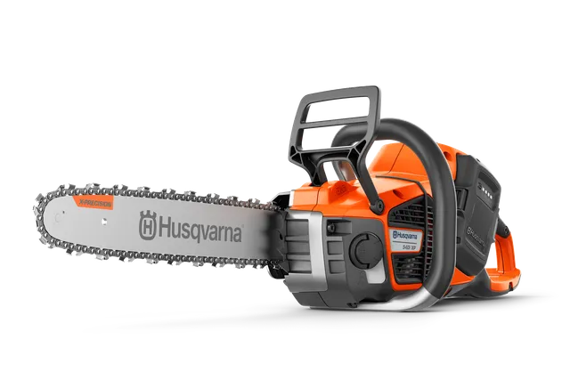 Side view of a Husqvarna chainsaw with visible branding on the blade.