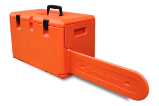 Side view of a Husqvarna chainsaw carrying case with a handle and secure latches.