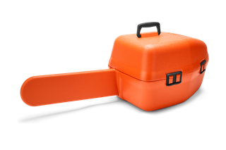 Side view of a chainsaw carrying case with a handle and secure latches.