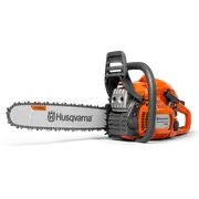 Side view of a Husqvarna chainsaw model 445 with X-Force bar.