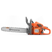 Side view of a Husqvarna chainsaw model 440 with visible chain and ergonomic handle.