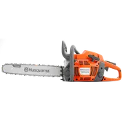 Side view of a Husqvarna 455 Rancher chainsaw with visible branding.
