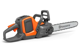 Side view of a Husqvarna chainsaw with ergonomic handle and chain bar.