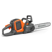 Side view of a Husqvarna chainsaw with ergonomic handle and chain bar.