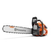 Side view of a Husqvarna chainsaw with X-Precision branding on the blade.