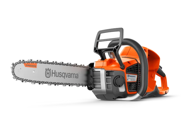 Side view of a Husqvarna chainsaw showcasing its ergonomic handle and cutting blade.
