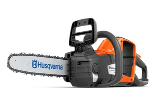 Vue latérale d’une scie à chaîne Husqvarna avec poignée ergonomique et marque visible.
