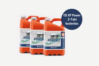 Höhe 5 l-es Husqvarna XP Power 2 kétütemű kanna; kör jelvény: '15l XP Power 2-Takt kostenlos'.