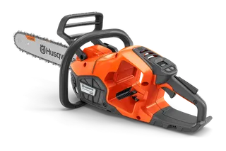 Side view of a Husqvarna chainsaw with ergonomic handle.